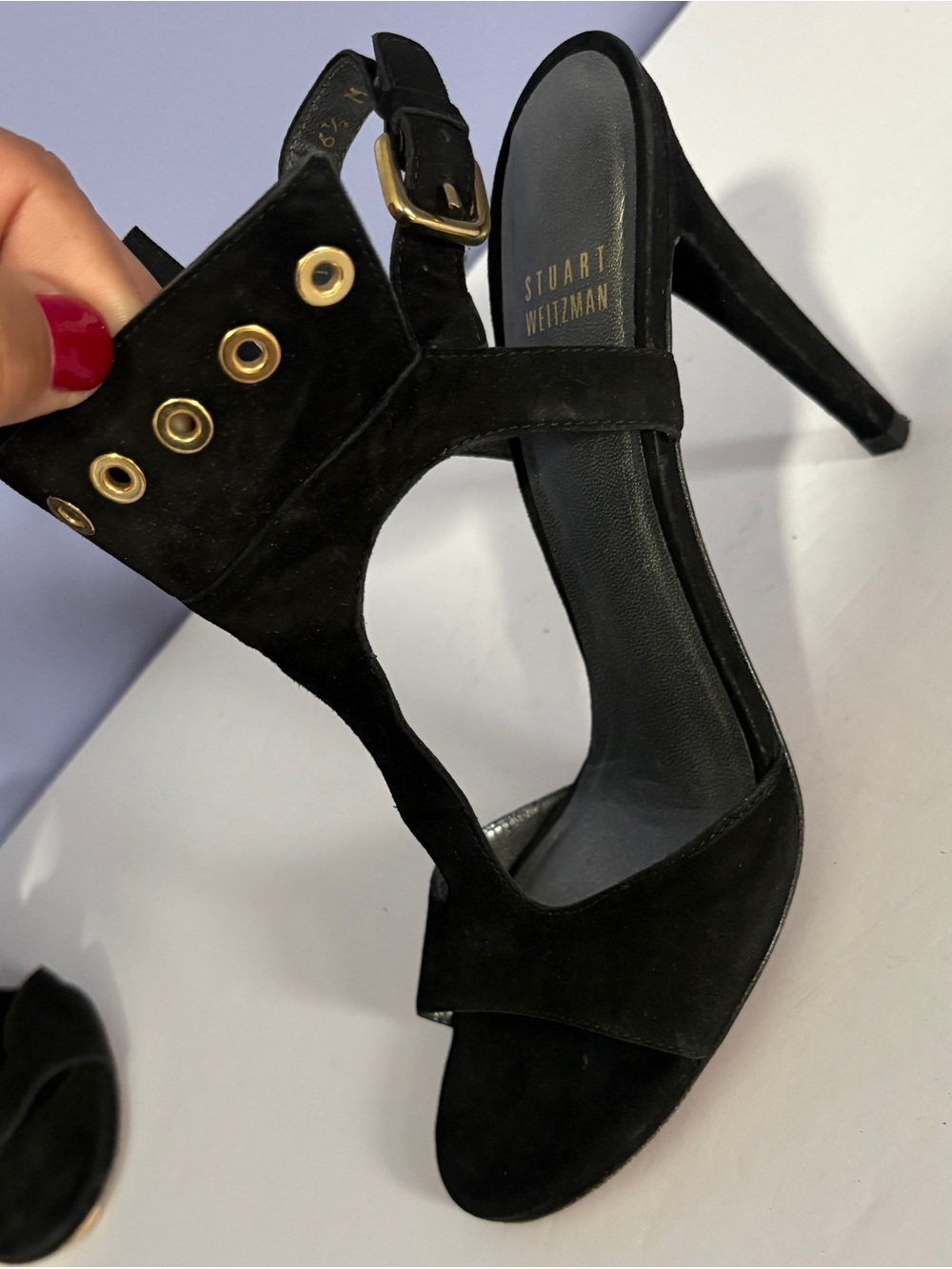 Stuart Weitzman Black Suede French Cuff T-Strap High Heel Sandals Size 6.5